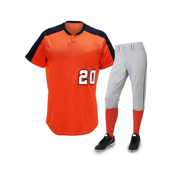 Orange and navy baseball uniform set with two-button jersey, number 20, and grey pants.