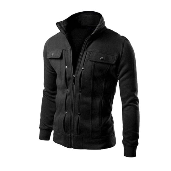 Men’s black slim fit casual jacket with zip closure and front pocket detailing.