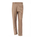Men’s khaki slim-fit dress pants with button closure and belt loops.