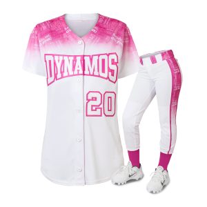 “Women’s baseball uniform in white and pink with ‘DYNAMOS 20’ jersey and matching pants featuring pink accents.”