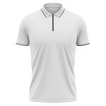 Plain white short sleeve polo shirt with black trim on collar and sleeves.