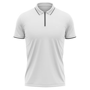 Plain white short sleeve polo shirt with black trim on collar and sleeves.