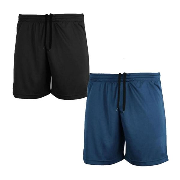 Men’s 2-pack training shorts in black and navy with drawstring waistbands.