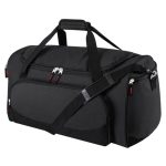 Black sports duffel bag featuring multiple compartments and adjustable shoulder strap.