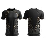 Black and gold compression sports t-shirt with dynamic side design and short sleeves.