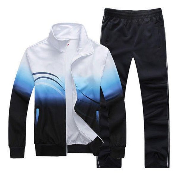 White and blue gradient men’s tracksuit set with zip-up jacket and matching pants.