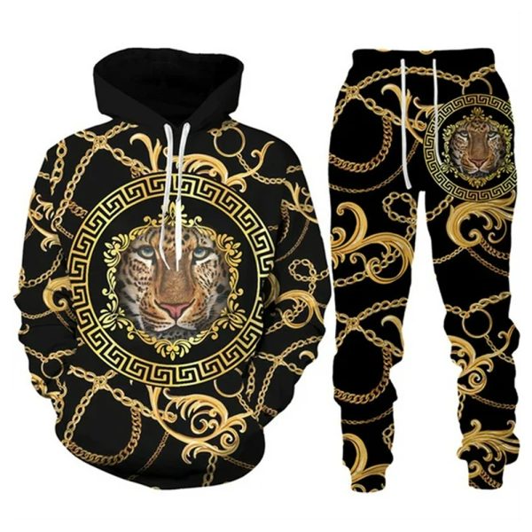 Black tracksuit set with gold chain and tiger face print, including hoodie and matching pants.