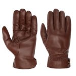 Men’s brown leather gloves featuring adjustable wrist strap.
