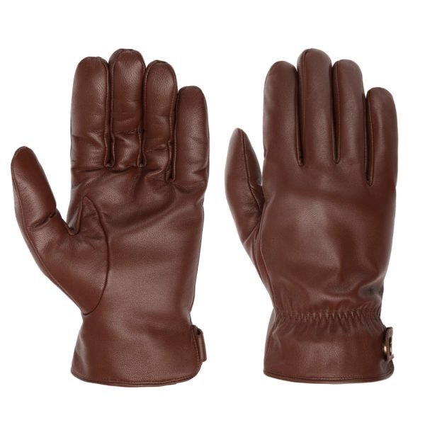 Men’s brown leather gloves featuring adjustable wrist strap.