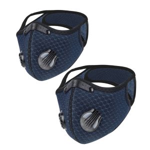 Pair of breathable mesh face masks with dual filter valves and adjustable fit.
