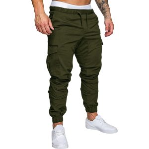Men’s olive green cargo joggers with multiple side pockets and elastic cuffs.
