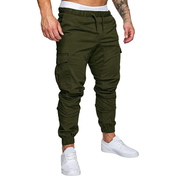 Men’s olive green cargo joggers with multiple side pockets and elastic cuffs.