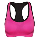 Seamless vibrant pink racerback sports bra with breathable mesh zones.