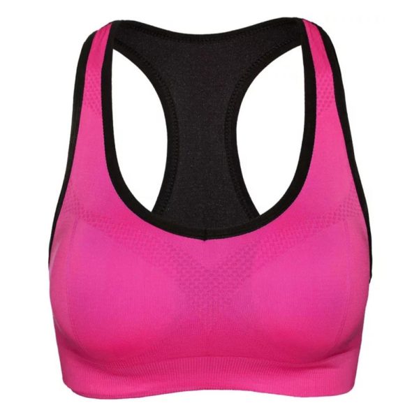 Seamless vibrant pink racerback sports bra with breathable mesh zones.