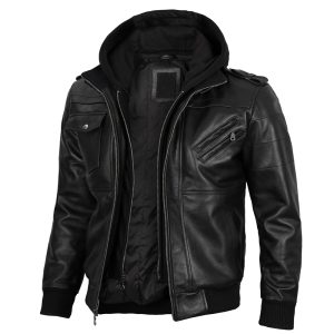 Men’s black faux leather biker jacket with zip-up front and removable hood.