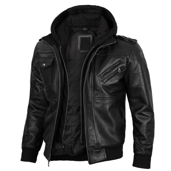 Men’s black faux leather biker jacket with zip-up front and removable hood.