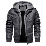 Men’s black faux leather jacket with attached hood and zip-up front.