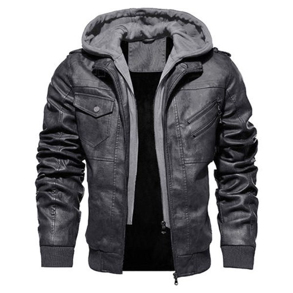 Men’s black faux leather jacket with attached hood and zip-up front.