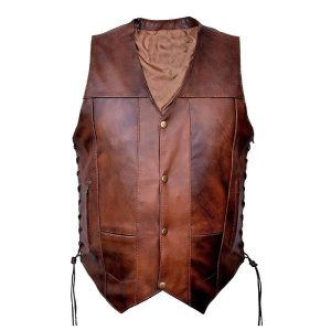 Men’s Classic Brown Leather Biker Vest with Side Lace and Snap Buttons | Hoorintl