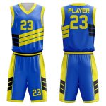 Blue and yellow basketball uniform set with customizable name and number 23.