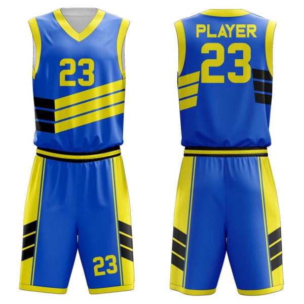 Blue and yellow basketball uniform set with customizable name and number 23.