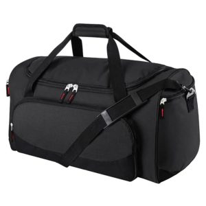 Black sports duffel bag featuring multiple compartments and adjustable shoulder strap.