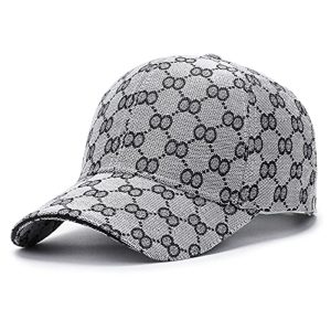 Grey monogram baseball cap with luxury-inspired pattern and curved brim.