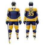 Navy and gold custom ice hockey uniform set with helmet, gloves, and number 35.