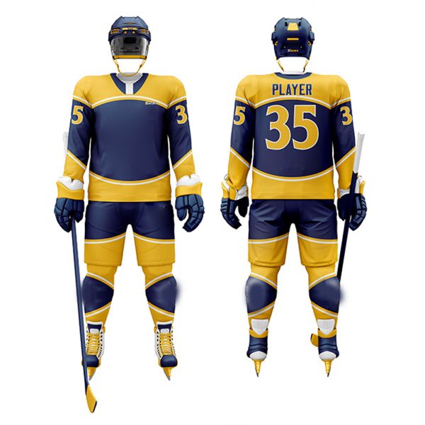 Navy and gold custom ice hockey uniform set with helmet, gloves, and number 35.