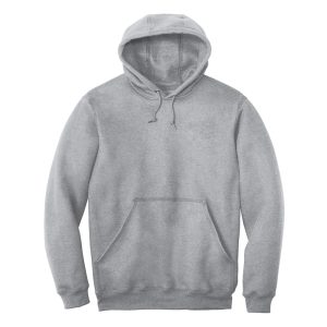 Light grey pullover hoodie with drawstring hood and front kangaroo pocket.