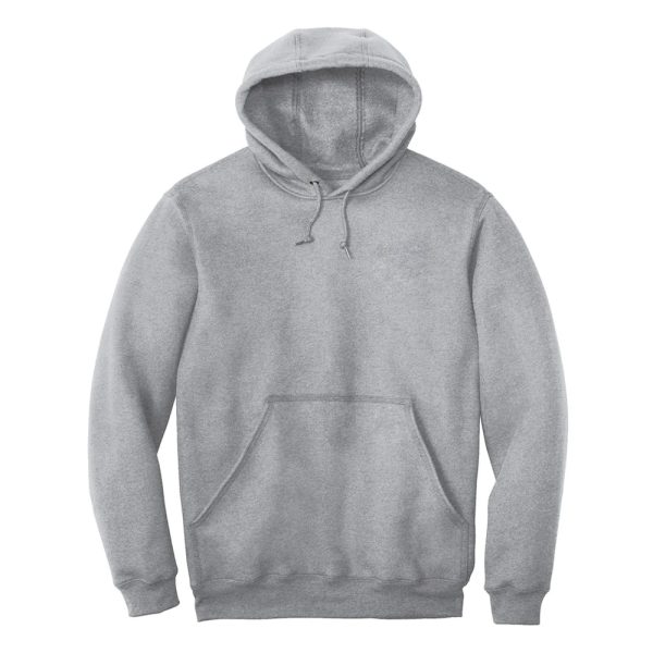 Light grey pullover hoodie with drawstring hood and front kangaroo pocket.