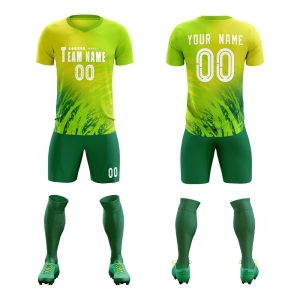 Custom green and white soccer jersey with matching shorts and socks for football teams