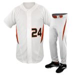 White custom baseball uniform set with short sleeve jersey, number 24, and matching white pants