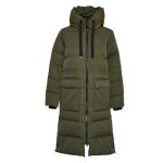 Women’s long olive green puffer coat with hood and front pockets, winter parka style.