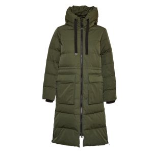 Women’s long olive green puffer coat with hood and front pockets, winter parka style.