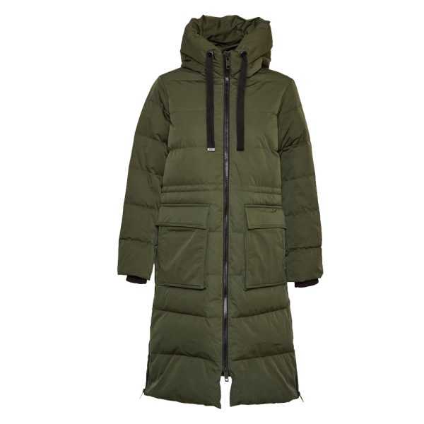 Women’s long olive green puffer coat with hood and front pockets, winter parka style.