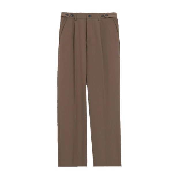 Men’s brown high-waist pleated trousers with button detailing and relaxed fit.