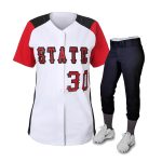 “Women’s baseball uniform with white and red jersey featuring ‘STATE 30’ and black pants with white cleats.”