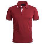 Maroon short sleeve polo shirt with white and black stripe details on collar and sleeves.