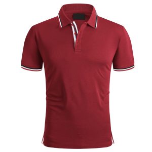 Maroon short sleeve polo shirt with white and black stripe details on collar and sleeves.