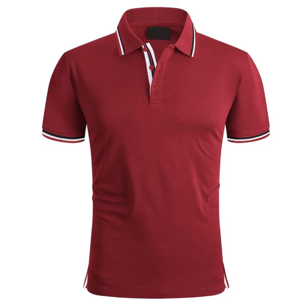 Maroon short sleeve polo shirt with white and black stripe details on collar and sleeves.