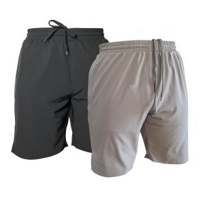 Men’s 2-pack casual drawstring shorts in black and grey, lightweight with elastic waistbands.