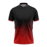 Black and red gradient polo shirt with short sleeves and modern swirl pattern.