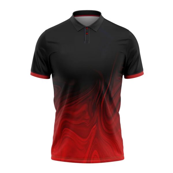 Black and red gradient polo shirt with short sleeves and modern swirl pattern.