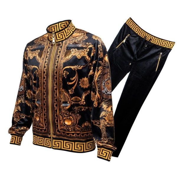 Luxury black velvet tracksuit set with gold baroque pattern, zip-up jacket, and matching pants.