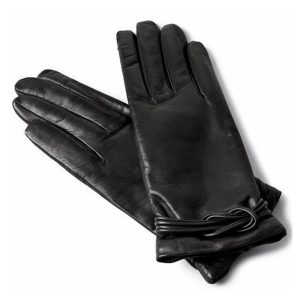 Women’s black leather dress gloves with decorative bow detail.