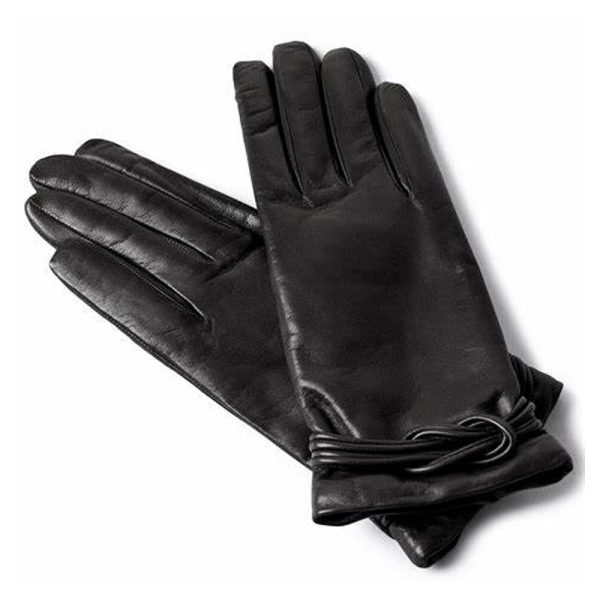 Women’s black leather dress gloves with decorative bow detail.