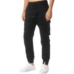 Men’s black cargo joggers with drawstring waistband, side pockets, and tapered cuffs.