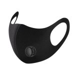Black breathable face mask with built-in filter valve for comfortable airflow and protection.