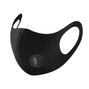 Black breathable face mask with built-in filter valve for comfortable airflow and protection.